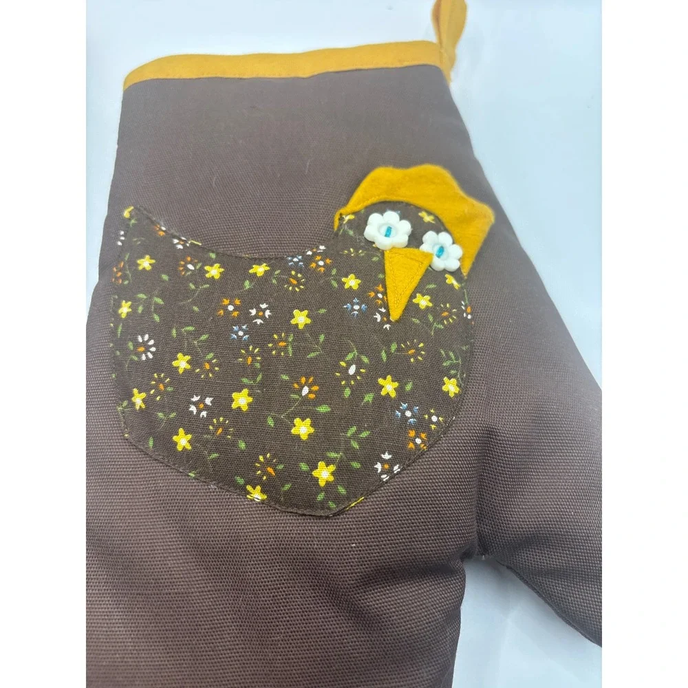 Vintage Handmade Chicken Oven Mitts Set of 2 Brown Yellow Floral Hen Farmhouse